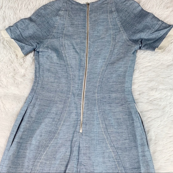 Sea NY short sleeve linen blend sheath dress in light blue with contrast trim - Picture 8 of 10